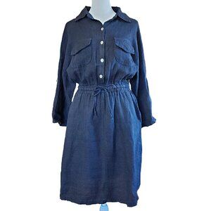 Francesca Bettini Navy Linen Shirtdress Made In Italy Pockets Lagenlook Size S